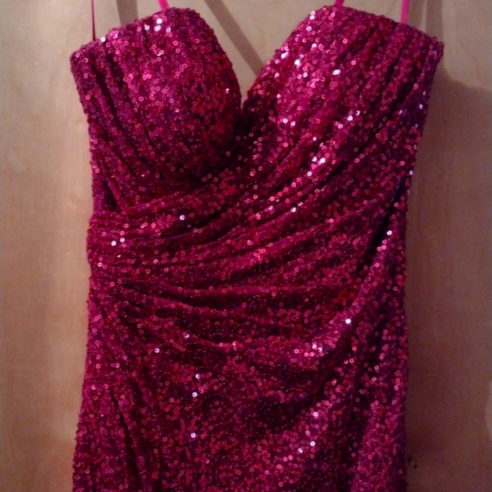 La Femme Raspberry sequins strapless gown with thigh high slit, Size 2